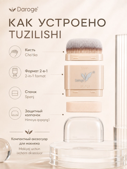 Кисть для макияжа Daroge 2-in-1 Makeup Brush со спонжем, 2 в 1