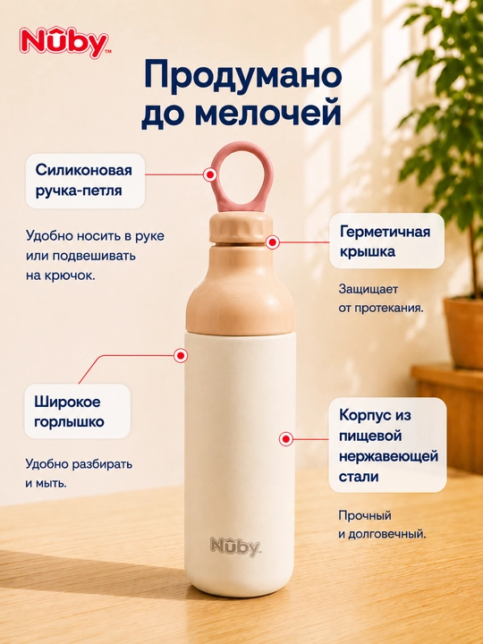 Бутылка для воды 600 мл Nûby из нержавеющей стали, для школы и спорта