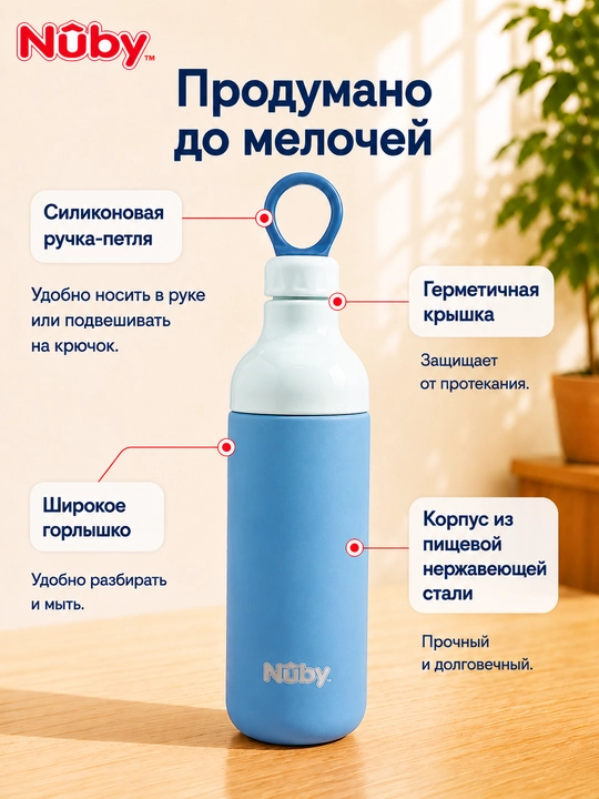 Бутылка для воды 600 мл Nûby из нержавеющей стали, для школы и спорта