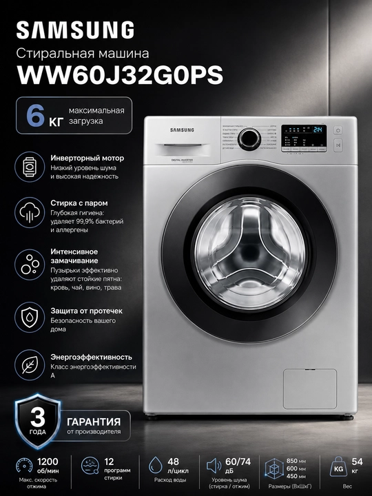 Kir yuvish mashinalari SAMSUNG WW60J32G0PS 6 kg, Kumush rang - 