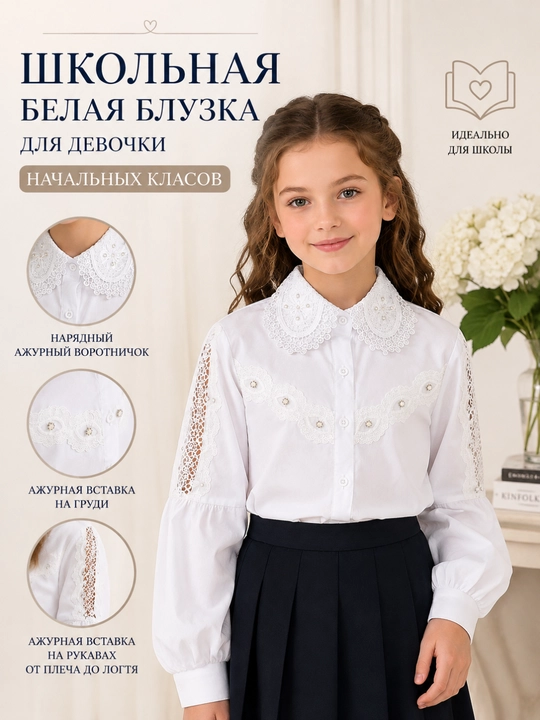 Школьная белая  блузка для девочек  - 