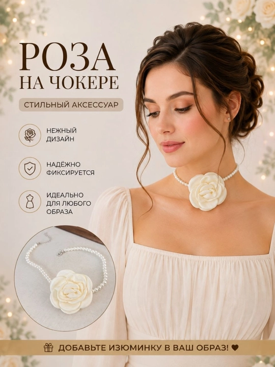 Женский чокер на шею, колье с розой и жемчугом на ленте - 