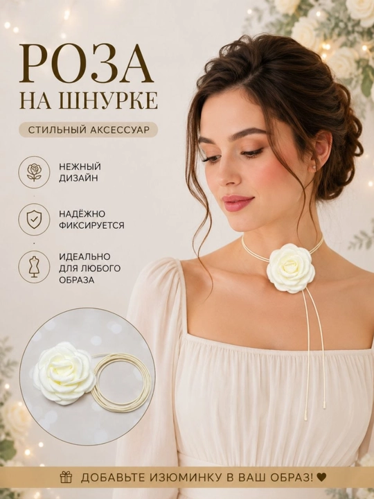 Женский чокер на шею, колье с розой и жемчугом на ленте - 