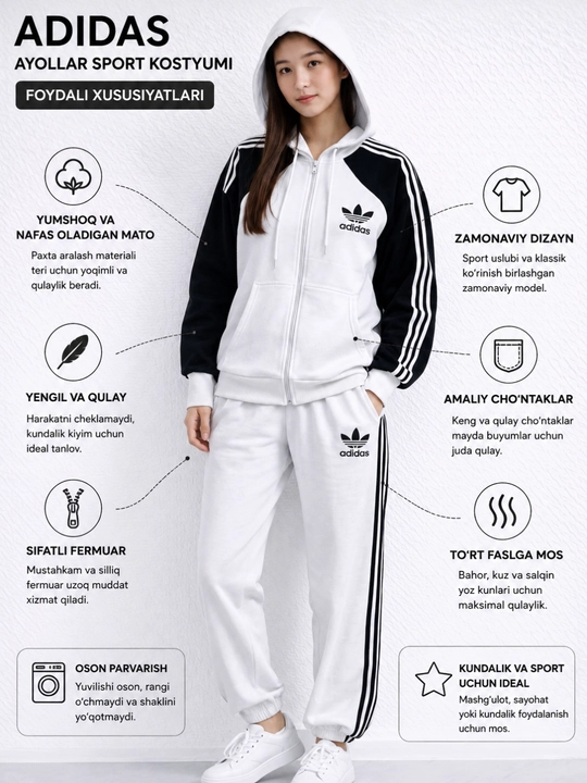Ayollar sport kostyumi oq qora, kapyushonli, zamokli, shimli komplekt