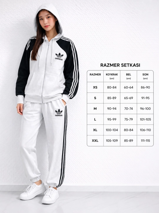 Ayollar sport kostyumi oq qora, kapyushonli, zamokli, shimli komplekt