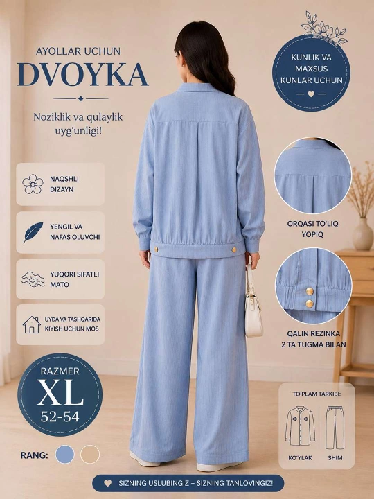 Ikki qismli kostyum: ko'ylak va shim, zamonaviy ayol va qizlar uchun