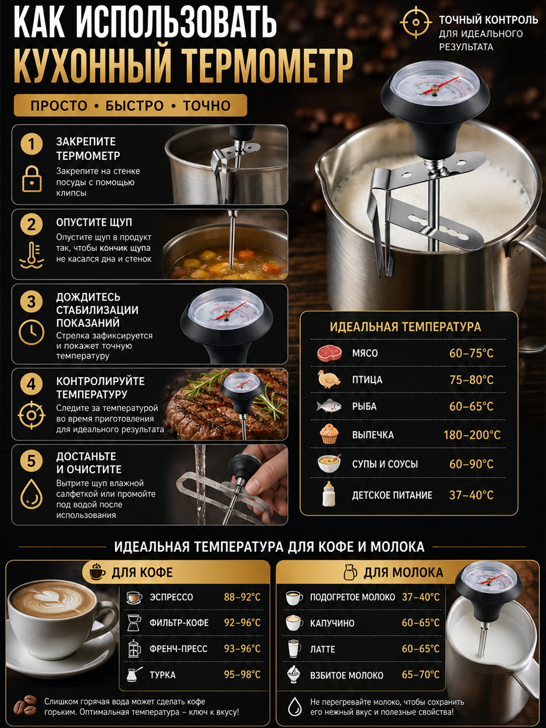 Sut, qahva, go‘sht, bolalar ovqatlari, ichimliklar uchun shchupli oziq-ovqat mexanik termometri