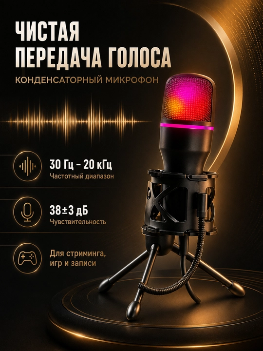 Микрофон игровой для компьютера, USB микрофон с RGB подсветкой, проводной, конденсаторный