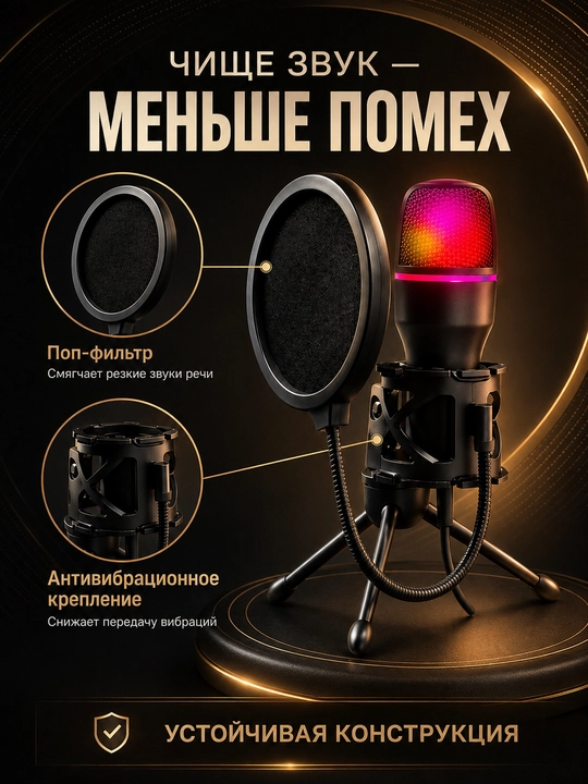 Микрофон игровой для компьютера, USB микрофон с RGB подсветкой, проводной, конденсаторный