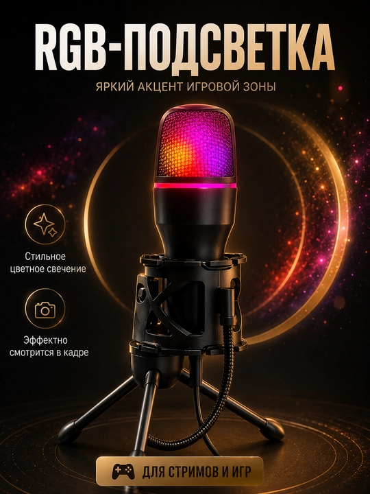 Микрофон игровой для компьютера, USB микрофон с RGB подсветкой, проводной, конденсаторный