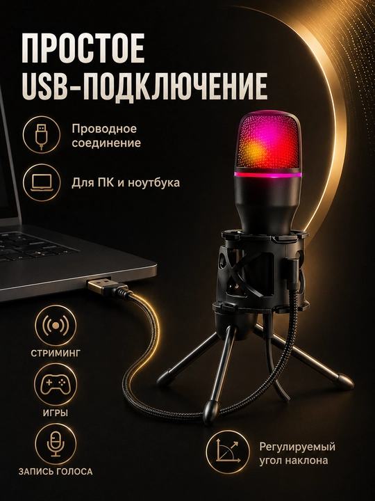 Микрофон игровой для компьютера, USB микрофон с RGB подсветкой, проводной, конденсаторный
