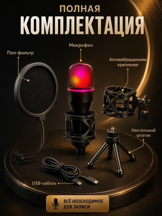 Микрофон игровой для компьютера, USB микрофон с RGB подсветкой, проводной, конденсаторный