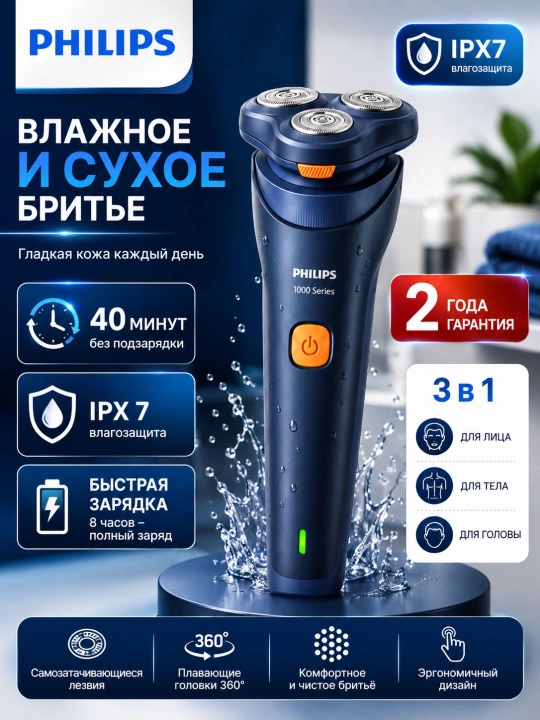 Philips erkaklar elektr ustarasi, 3 boshli Shaver, Wet & Dry, 60 daqiqa - 