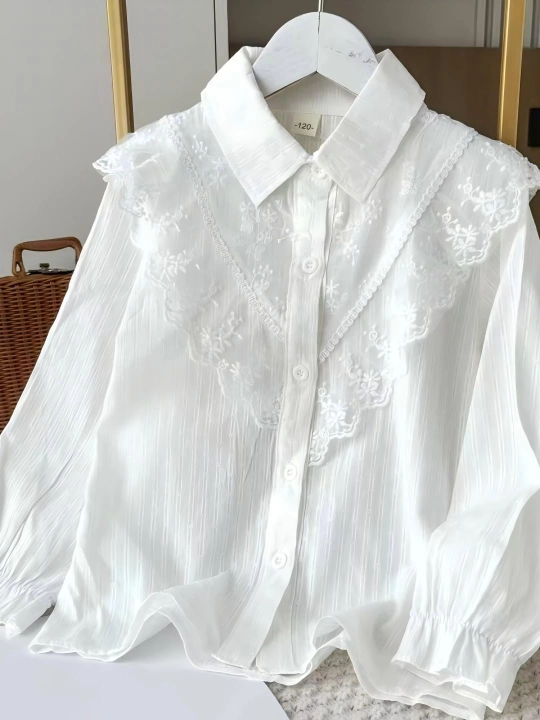 Qizlar uchun uzun yengli oq maktab bluzkasi, 90% paxta, 120-160