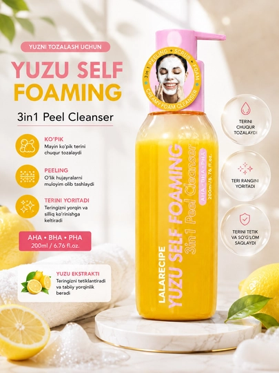 LalARECIPE 3 ta 1 da yuz uchun o‘z-o‘zidanko‘piklanuvchi tozalovchi vosita, piling, 200 ml - 