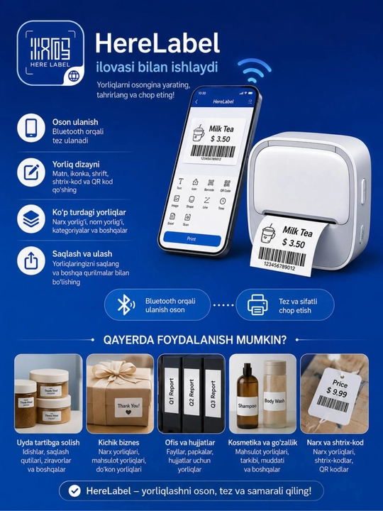 Yorliqlar, QR kod, shtrix kodlar uchun portativ  M1 mini printer | bluetooth