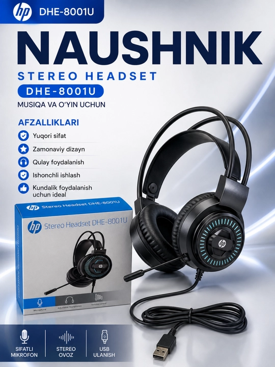 Hp stereo headset dhe-8001u usb mikrofonli quloqchin kompyuter va noutbuk uchun qora - 