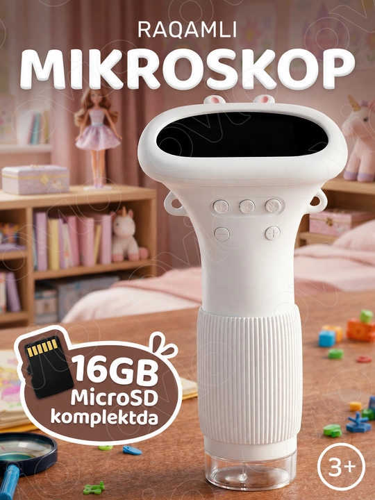 Bolalar uchun raqamli mikroskop, rivojlantiruvchi, 1000x - 1600x gacha + 16GB MicroSD - 