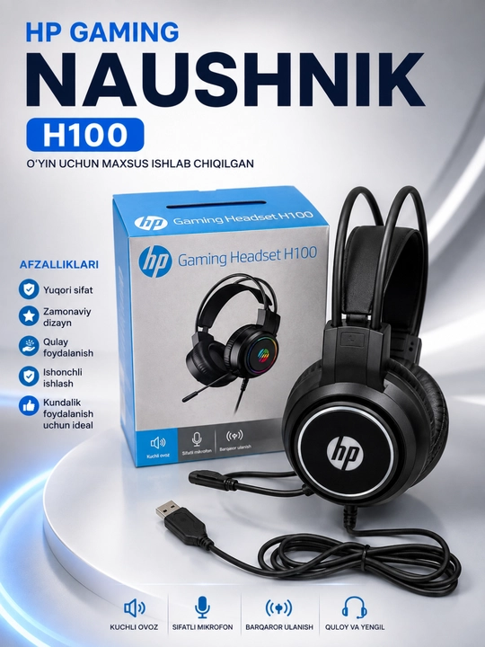 RGByoritgichlisimlimikrofonlikompyutervanoutbukuchunmo‘ljallanganHP H100 o‘yin garniturasi - 