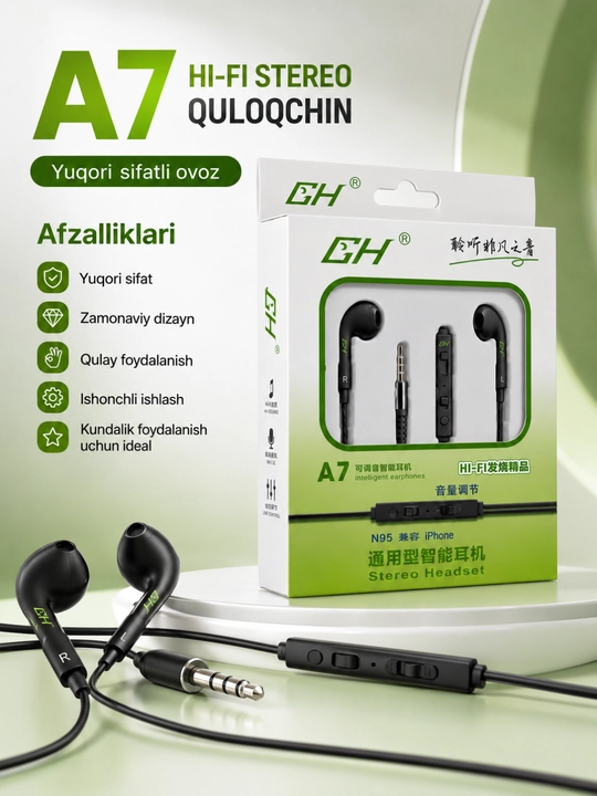 Android, iPhone va planshetlar uchun 3,5 mm mikrofonli A7 stereo simli quloqchinlar - 