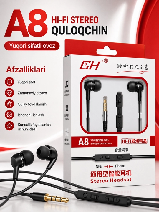 Mikrofonli simli A8 stereo quloqchinlar 3. android, iPhone va planshetlar uchun 5 mm - 