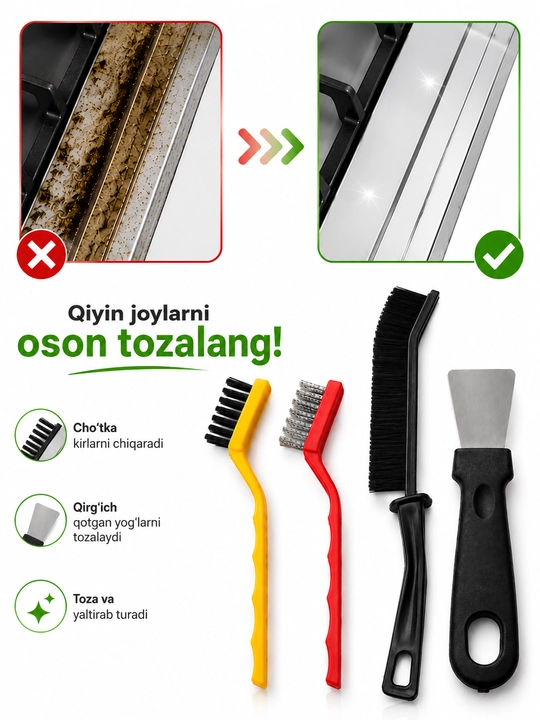 Oshxonani tozalash uchun 4 ta professional cho‘tka va qirg‘ich to‘plami