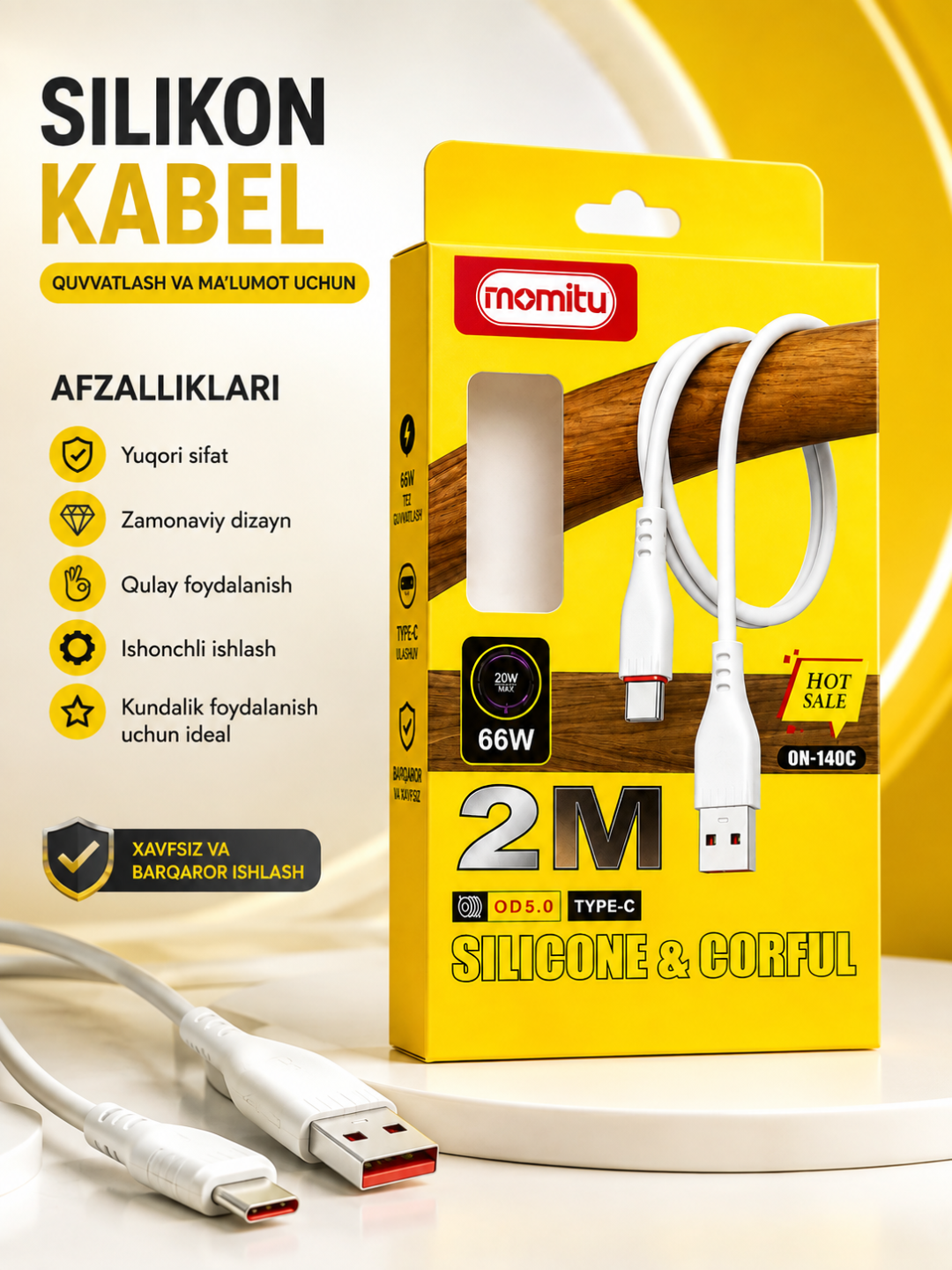 2 metrlik USB Type-C 66W silikon kabeli — tez quvvatlanadi va barqaror ma’lumot uzatadi - 