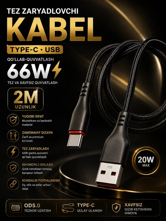 2 metrlik USB Type-C 66W silikon kabeli — tez quvvatlanadi va barqaror ma’lumot uzatadi - 
