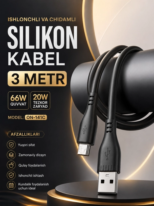 Inomitu Micro USB kabeli 66W 3 metr - tez quvvatlash va ma’lumot uzatish uchun silikon kabel - 