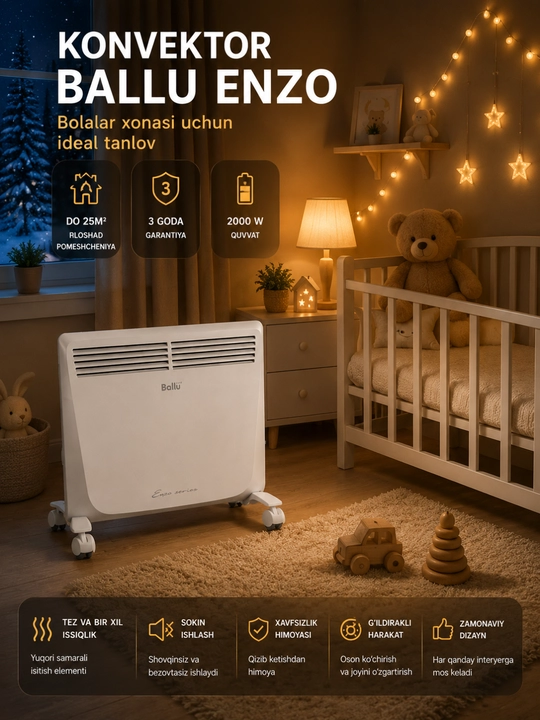 Ballu Apollo BEC/ATI-2000 konvektor isitish pechkasi polga va devorga o‘rnatiladigan model