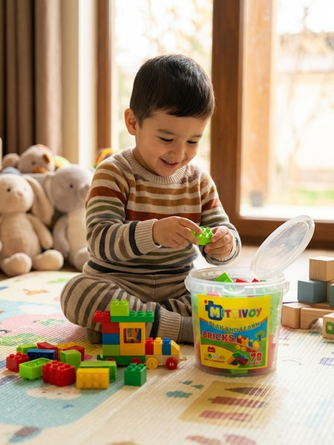 Mittivoy bolalar konstruktori 78 detal, idishida, yorqin plastmassa o'yinchoq, 3 yoshdan - 