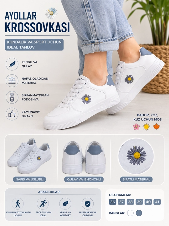 Ayollar krossovkalari, kedalar, 36-40 o'lchamda, bahor, yoz, kuz uchun