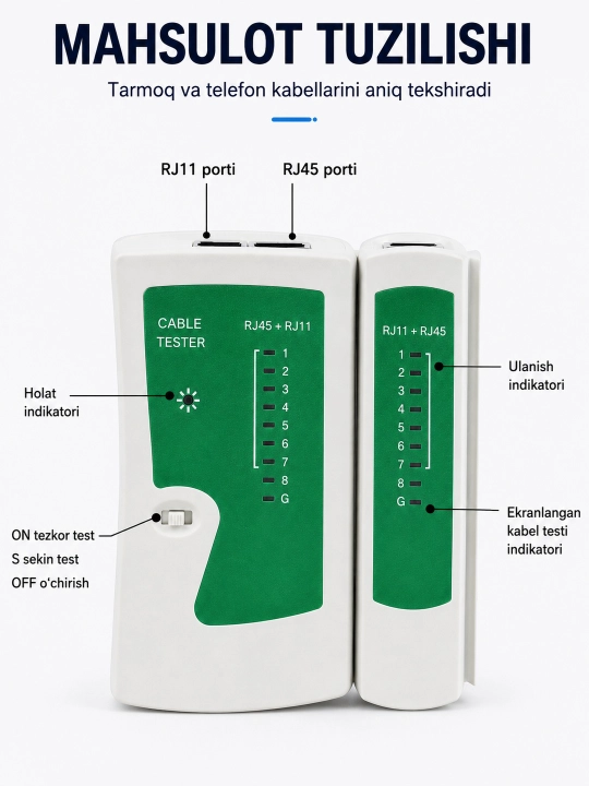 LAN-тестер для проверки сетевого и телефонного кабеля RJ45/RJ11