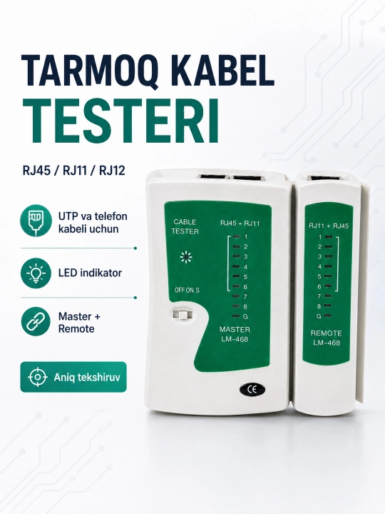 RJ45/RJ11/RJ12 tarmoq va telefon kabellari uchun LAN tester - 