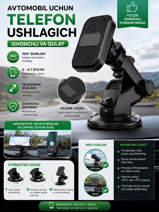 Avtomobil telefoni ushlagichi, so'rg'ich va Velcro bilan - 