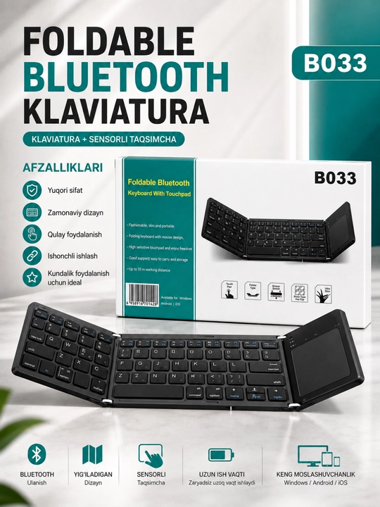 B033 Yig'iladigan Bluetooth Klaviatura Touchpad bilan, Android, iOS, Windows uchun - 
