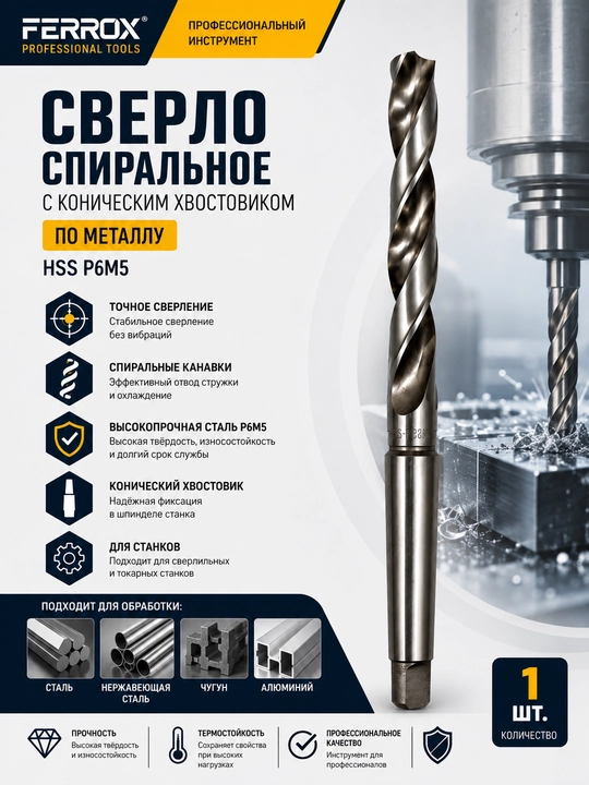 Metall uchun konussimon quyruqli R6M5 (HSS) spiral parma — professional  Ø 8-23 мм - 