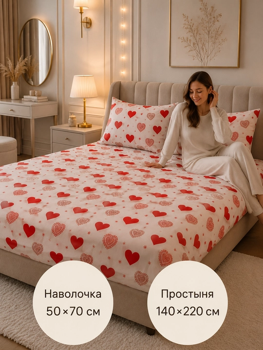 Комплект постельного белья: односпальный, простыня 220×140 см, наволочки 50×70 см
