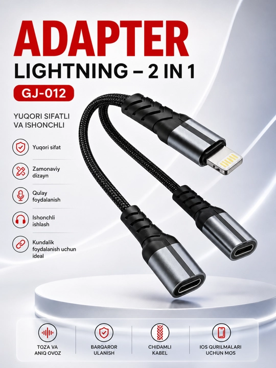 Lightning 2-in-1 audio va zaryadlash adapteri – musiqa tinglash va tezkor quvvatlash - 
