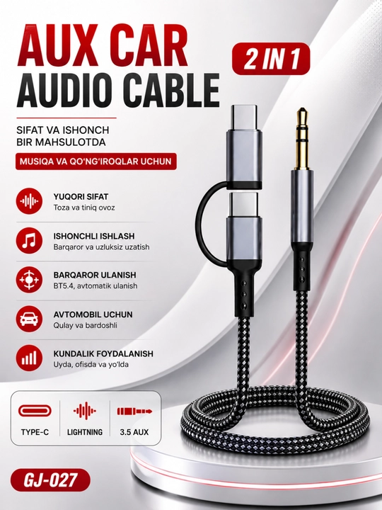Hi-Fi ovozi va ishonchli ulanishga ega avtomobil uchun AUX 3,5 mm - Type-C 2-in-1 kabeli - 