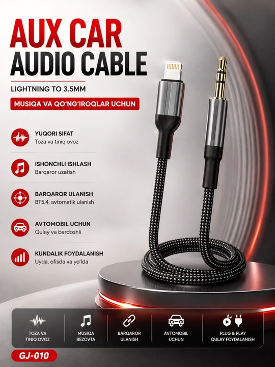 Lightning to 3.5 mm AUX Audio Kabeli iPhone uchun Avtomobil Audio Ulanish Kabeli - 