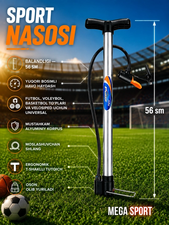 Qo‘l nasosi — futbol, voleybol, basketbol to‘plari va velosiped uchun universal nasos - 
