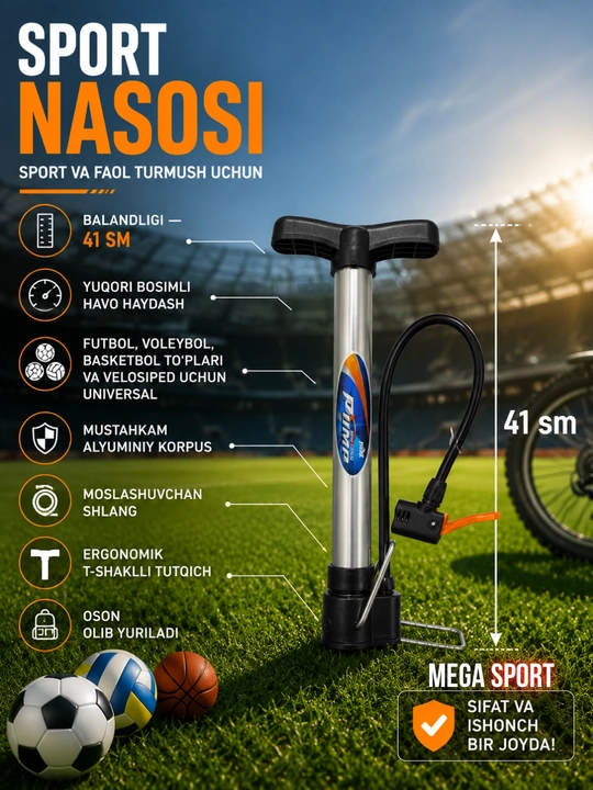 Qo‘l nasosi — futbol, voleybol, basketbol to‘plari va velosiped uchun universal nasos - 