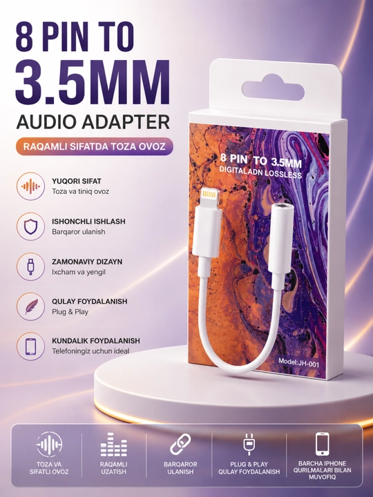 IPhone 8 Pin dan 3.5 mm Audio Adapteri – Tiniq Ovoz va Barqaror Ulanish Kabeli - 
