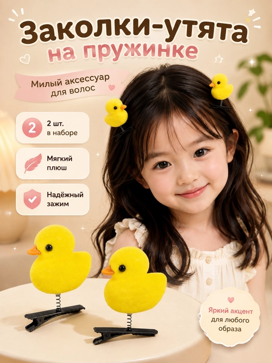 Заколки для волос с уточкой на пружинке, 2 штук, жёлтые бархатные зажимы для девочек - 