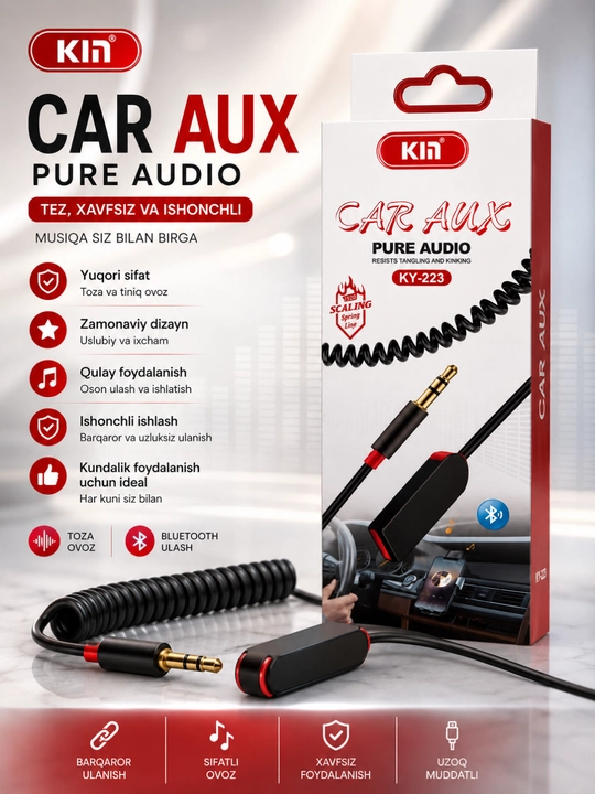 Avtomobil uchun 3,5 mm li Bluetooth AUX audio adapteri - tiniq ovoz va barqaror aloqa - 