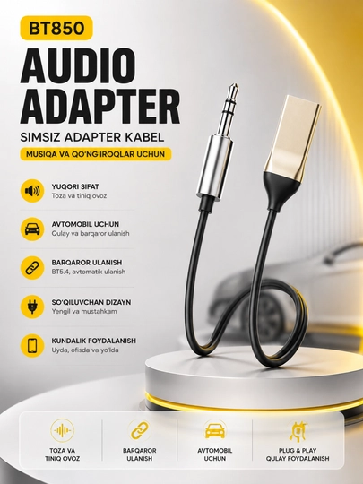 Avtomobil va uy audio tizimi uchun BT850 Bluetooth AUX 3.5 mm audio adapteri - 