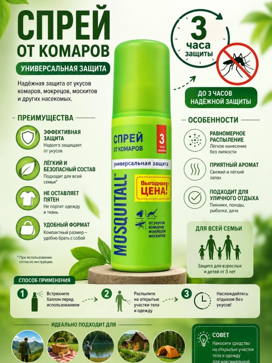 Спрей от комаров Mosquitall, репеллент от комаров, защита от укусов