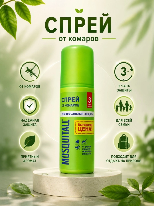 Спрей от комаров Mosquitall, репеллент от комаров, защита от укусов