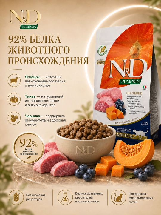 Farmina N&D Pumpkin Neutered Sterelised cухой корм для кошек, ягнёнок тыква и черника1,5кг